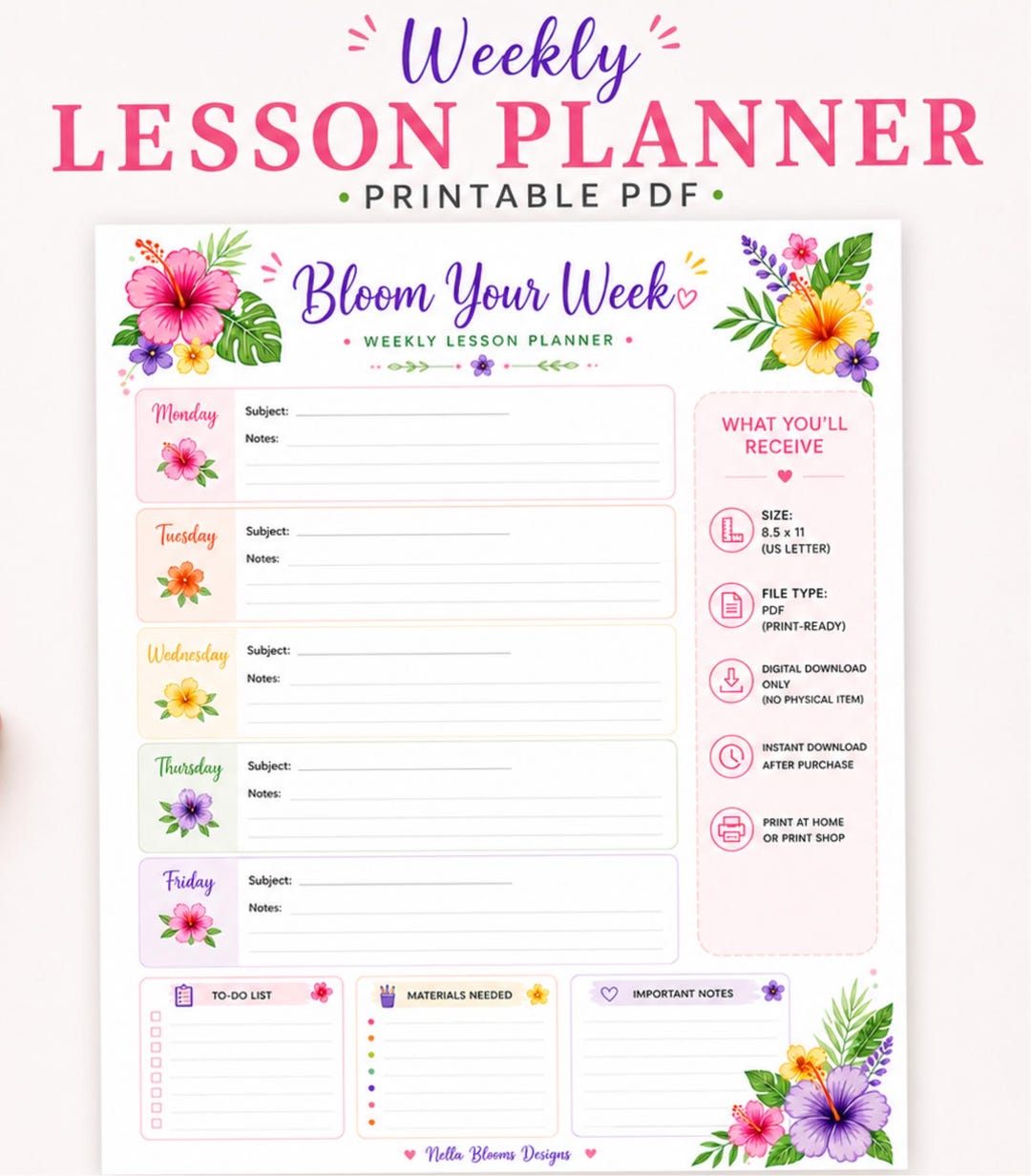 Floral Weekly Lesson Planner Printable | Undated Teacher PDF (instant ...