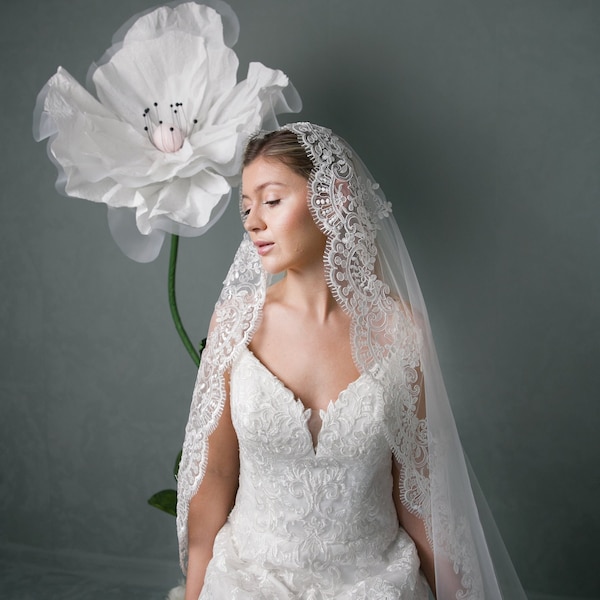 Mantilla bridal veil with lace, Lace veil,