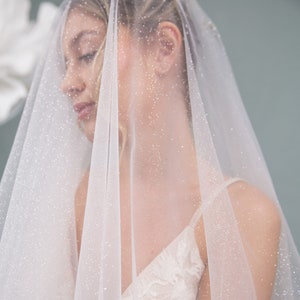 Op de afbeelding: Een witte bruids sluier met een delicaat glitterpatroon. De sluier is gemaakt van zachte tule en is perfect voor een bruiloft of speciale gelegenheid.