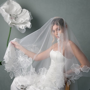 2 Tier floral veil with sequins, Bridal drop veil with flowers and sequins, Sparkle veil