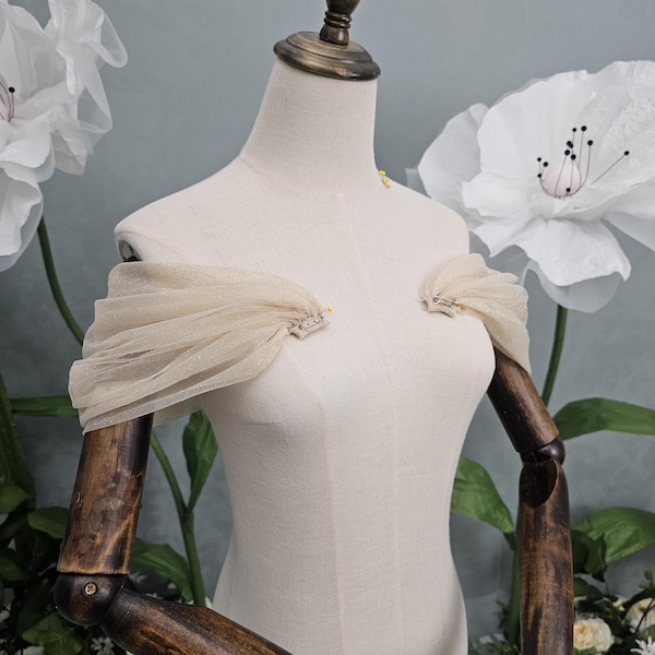 Champagne Glitter Tulle Detachable Bridal Straps: Off-Shoulder Wedding Sleeves