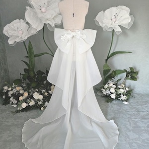Open front train with floral organza bow, Bridal train with organza bow, Bridal removable train