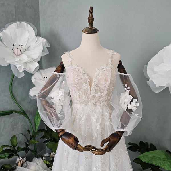 Removable sleeves with 3D flowers, Detachable Bridal sleeves, Off shoulder sleeves