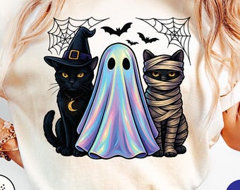 Halloween Cat PNG, Cute Ghost Cat, Witch Cat, and Mummy Cat Digital Download, Spooky Black Cat Sublimation Clipart for Halloween Crafts