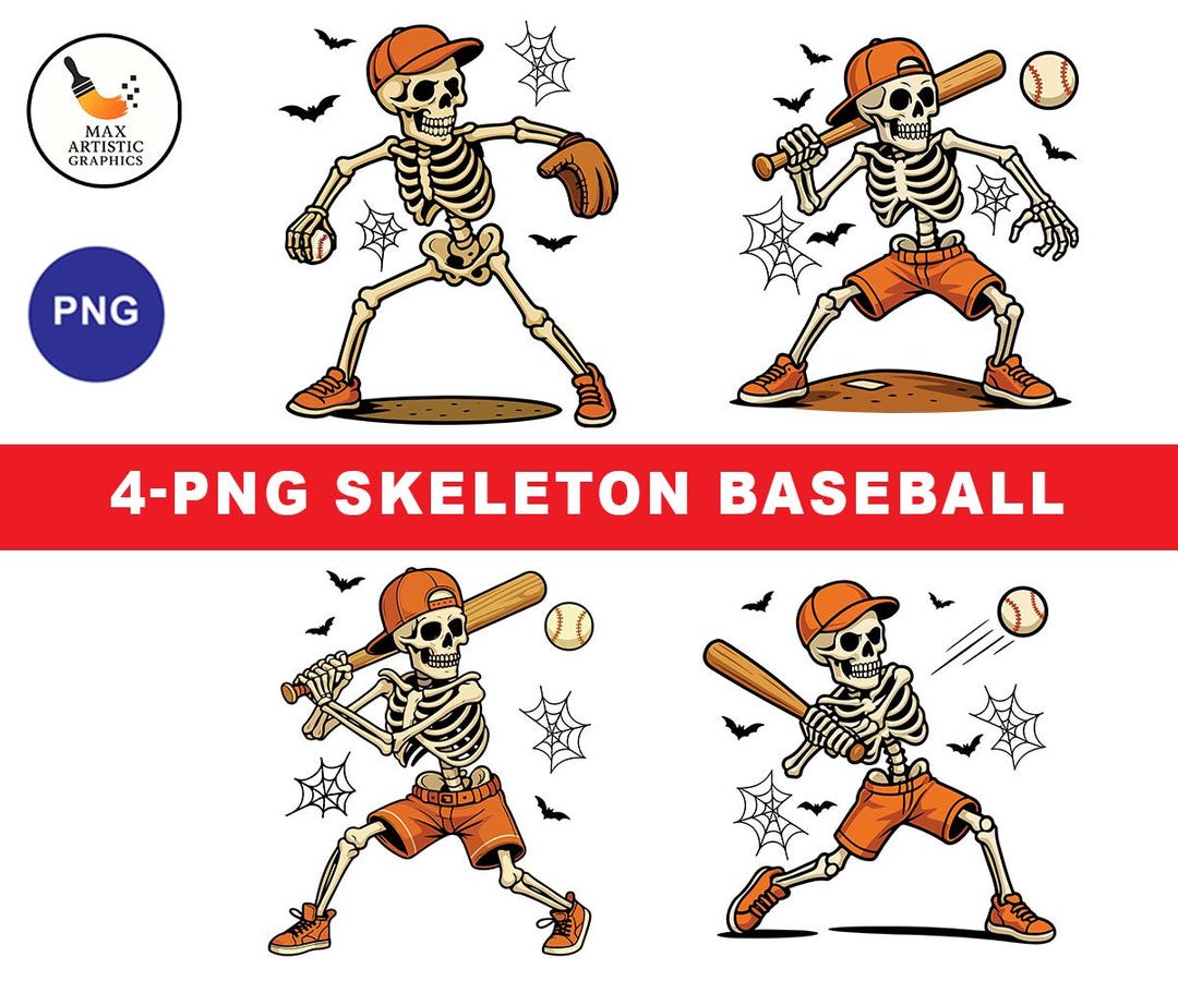 Skeleton Baseball PNG Bundle | Halloween Baseball Skeleton Clipart ...