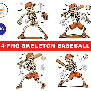 Puede incluir: Cuatro ilustraciones de esqueletos de béisbol con gorras y pantalones cortos naranjas, con bates, pelotas y guantes. La imagen incluye bates, pelotas de béisbol, murciélagos y telarañas. El texto en la parte inferior dice "4-PNG SKELETON BASEBALL".