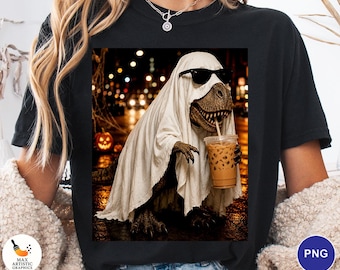 Ghost T-Rex PNG, Funny Halloween Dinosaur Drinking Iced Coffee PNG, Spooky Ghost Dino Sublimation Design, Halloween Shirt PNG, Dinosaur Png
