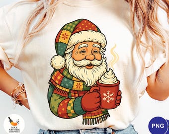 Cozy Santa Mug PNG, Patchwork Christmas Santa Clipart, Cute Hot Chocolate Santa Sublimation, Vintage Santa Claus PNG, Digital Download