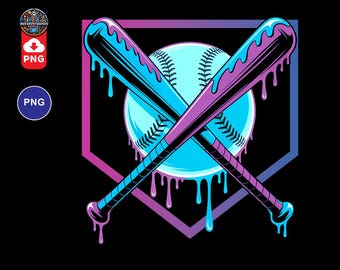 May include: Two crossed baseball bats with dripping blue and purple paint, centered on a purple and blue baseball diamond. A blue baseball with white stitching is in the center of the bats.