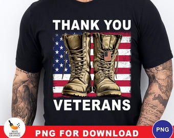 Gracias veteranos PNG, botas militares, bandera estadounidense patriótica PNG, diseño de sublimación del Día de los Veteranos, apoyo a soldados de EE. UU., descarga digital