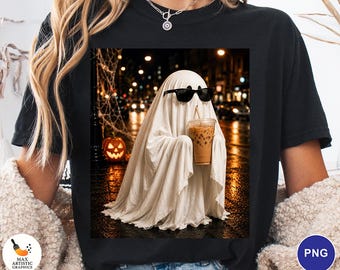 Ghost Drinking Iced Coffee PNG, Cute Halloween Ghost PNG, Spooky Coffee Lover Sublimation Design, Funny Halloween Shirt PNG Digital Download