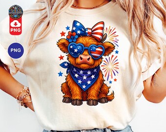 4 juli Highland Cow PNG: Patriotisk amerikansk sublimeringsdesign (digital nedladdning)