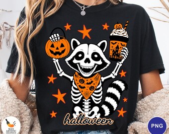 Skeleton Raccoon Halloween PNG, Cute Spooky Raccoon Sublimation Design, Pumpkin Coffee Halloween PNG, Ghost Season Clipart Digital Download