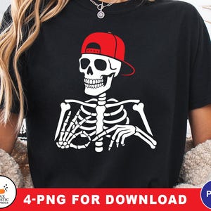 May include: Black t-shirt featuring a white skeleton wearing a red baseball cap. The skeleton is in a relaxed pose. The text "4-PNG FOR DOWNLOAD" is displayed in red at the bottom of the image.
