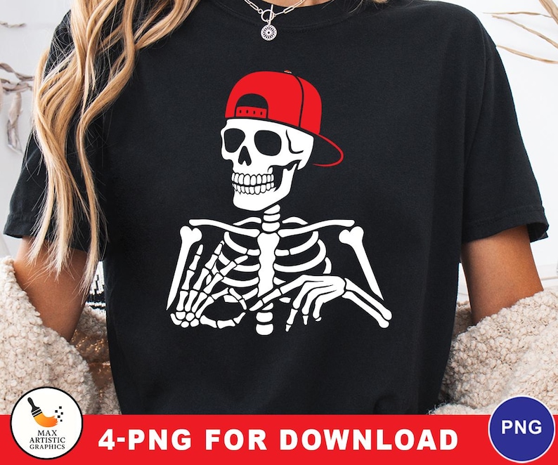 May include: Black t-shirt featuring a white skeleton wearing a red baseball cap. The skeleton is in a relaxed pose. The text "4-PNG FOR DOWNLOAD" is displayed in red at the bottom of the image.
