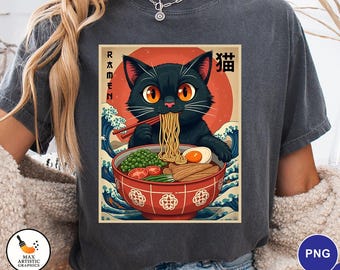 Ramen Cat PNG | Cute Black Cat Eating Noodles Clipart | Japanese Food Art Digital Download | Kawaii Anime Style Sublimation Design