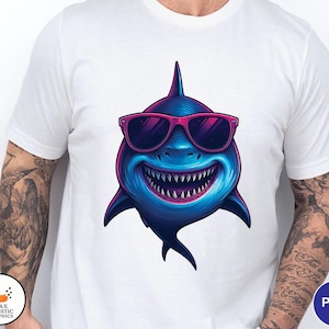 Cool Shark PNG | Funny Smiling Shark with Sunglasses Clipart | Summer Ocean Animal Art | Digital Download for Sublimation or Print
