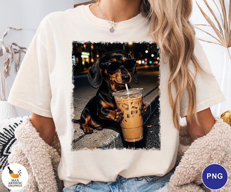 May include: A cream-colored t-shirt featuring a graphic print of a black and tan dachshund wearing black sunglasses and holding a clear plastic cup filled with iced coffee. The dog is positioned on a curb with a blurred city street background.