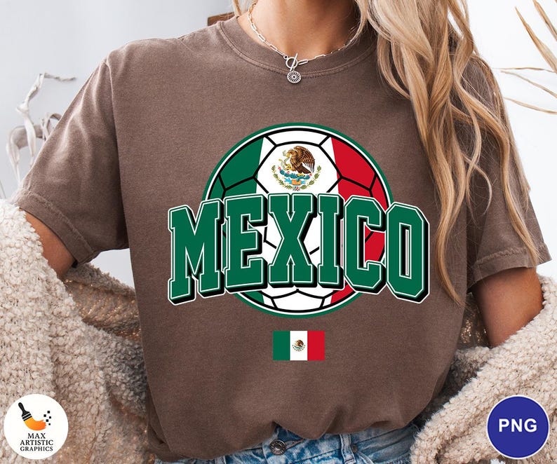 May include: A brown short-sleeve t-shirt featuring a graphic of a soccer ball colored with the green, white, and red of the Mexican flag. The word MEXICO is printed in large green letters with a white outline. A small Mexican flag is below the ball.