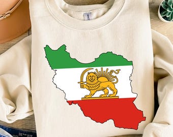 Iran Map Flag PNG, Persia Lion and Sun Emblem Graphic, Iranian Country Outline Design, Patriotic Iran Shirt PNG, Digital Download