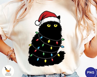 Schwarze Katze Weihnachtslichter PNG, Flauschige Schwarze Katze Weihnachtsmütze Clipart, Süße Weihnachtskatze Png, Urlaub Katze PNG, Winter Haustier Png Digital Download