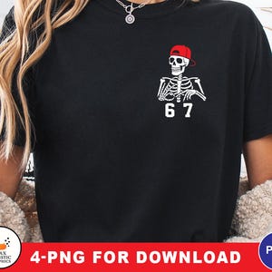 May include: Black t-shirt featuring a white skeleton wearing a red baseball cap, with the number "67" below. The shirt is a casual style, suitable for everyday wear. The image also includes a logo and text "4-PNG FOR DOWNLOAD".