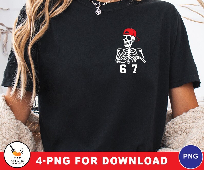 May include: Black t-shirt featuring a white skeleton wearing a red baseball cap, with the number "67" below. The shirt is a casual style, suitable for everyday wear. The image also includes a logo and text "4-PNG FOR DOWNLOAD".