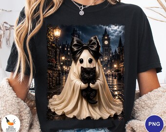 Ghost Cat PNG, Cute Halloween Ghost with Black Kitten PNG, Coquette Bow Ghost Sublimation Design, Spooky Season Girly, Digital Download