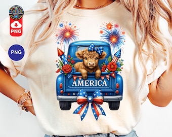4 juli Highland Cow PNG, Highland Cow Clipart, 4 juli-lastbil, Coquette Highland Cow-skjorta PNG, fyrverkerier USA-flagga, digital nedladdning