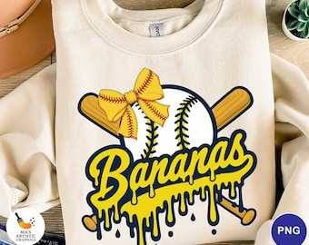 Baseball Bananas PNG, Softball Bow Drip Design, Banana Ball Fan Graphic, Baseball Mom Shirt Sublimation Download, Sports Team Digital PNG