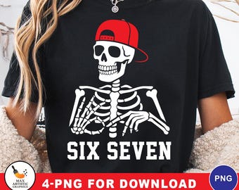Grappig skelet 67 PNG-bundel, Six Seven Meme digitale download, skelet clipart, virale 67 grap graphic, Halloween Bones PNG, griezelige schedel
