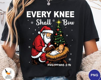 Toda rodilla se doblará Navidad PNG, Papá Noel arrodillado en el pesebre, Natividad cristiana PNG, Filipenses Festivo Religioso, Camiseta navideña de fe PNG