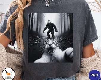 Funny Cat Bigfoot Selfie PNG | Scared Cat Forest Clipart | Sasquatch Cryptid Meme Art | Bigfoot Encounter Png | Digital Download