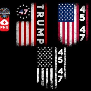 Könnte beinhalten: Eine amerikanische Flagge in Rot, Weiß und Blau mit den Zahlen 45 und 47, die auf der rechten Seite aufgedruckt sind. Das Wort "TRUMP" ist vertikal auf der linken Seite der Flagge aufgedruckt. Die Flagge ist abgenutzt und hat einen Vintage-Look.