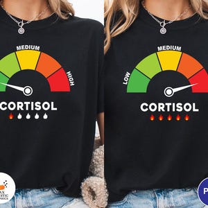 May include: Black t-shirt featuring a gauge design with the word "CORTISOL" and a series of flames. The gauge displays "LOW", "MEDIUM", and "HIGH" levels in green, yellow, orange, and red. A white needle indicates the cortisol level.