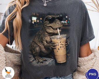 Funny T-Rex Coffee PNG, Cool Dinosaur Sunglasses Drinking Iced Coffee PNG, Dinosaur Meme Graphic, Cute Dino Shirt Png, Funny Animal Download