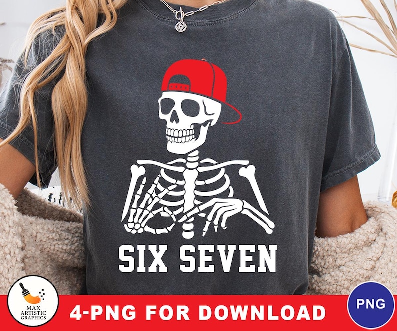 May include: Dark gray t-shirt featuring a white skeleton wearing a red baseball cap. The skeleton's rib cage and arms are visible. The text "SIX SEVEN" is printed in white block letters below the skeleton.