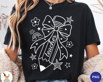 Teacher Bow PNG, Coquette Teacher PNG, Pencil Bow Design, Back To School Png, Cute Teacher Shirt Png, Teacher Life Png, Digital Download