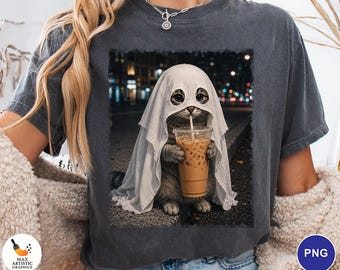 Ghost Cat PNG, Cute Halloween Cat PNG, Cat Drinking Iced Coffee, Spooky Ghost Kitty, Sublimation Design , Cat mom Png, Spooky Cat Png
