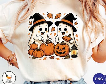 Cute Halloween Ghosts Carving Pumpkins PNG – Fall Autumn Ghost Clipart, Witch Hat Ghost, Pumpkin Lantern Sublimation, Digital Download