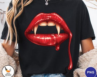 Vampyrläppar PNG | Droppande blodtänder Halloween-tröjadesign | Sexiga röda läppar digital nedladdning för sublimering | Skräck PNG Clipart