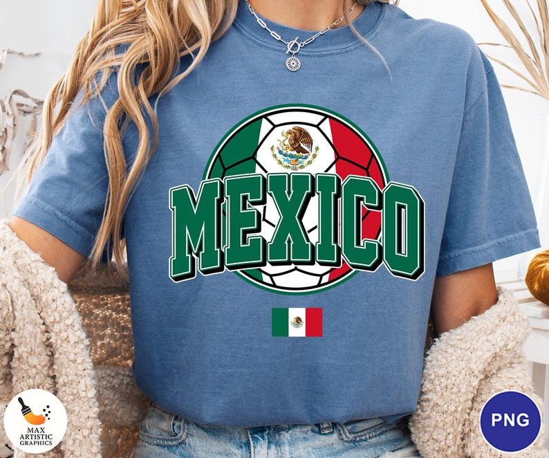 May include: A blue short-sleeve t-shirt featuring a graphic of a soccer ball colored with the green, white, and red of the Mexican flag. The word MEXICO is printed in large green letters with a white outline. A small Mexican flag is below the text.