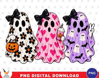 Cute Halloween Ghost PNG Bundle, Girly Ghost PNG, Spooky Ghost Digital Download, Halloween Coffee PNG, Kawaii Halloween Sublimation