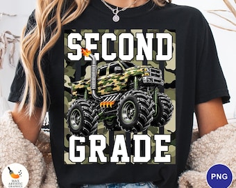 Second Grade Monster Truck PNG, Back to School Boy PNG, 2nd Grade Truck Sublimation Design, Camo Monster Truck Digital Download