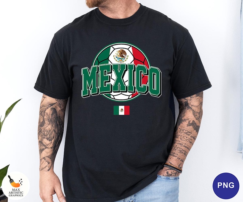 May include: A black short-sleeved t-shirt featuring a graphic of a soccer ball colored with the green, white, and red of the Mexican flag. The word MEXICO is printed in large green letters across the center, with a small Mexican flag icon below.