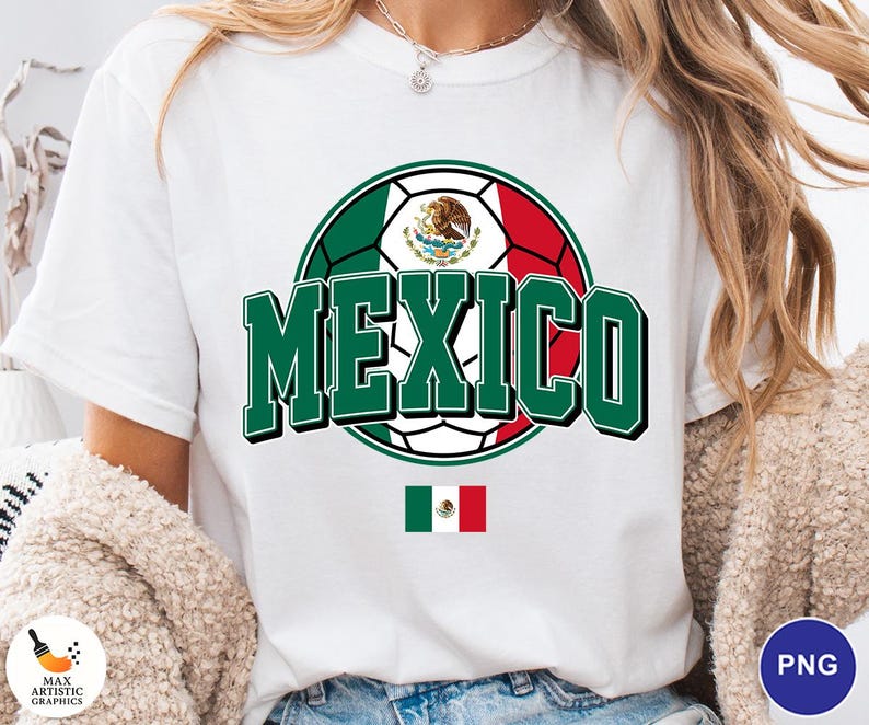 May include: A white short-sleeve t-shirt featuring a graphic of a soccer ball colored with the green, white, and red of the Mexican flag. The word MEXICO is printed in large green block letters across the center, with a small Mexican flag below.