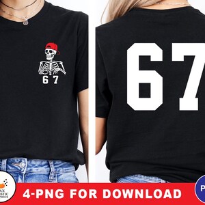 May include: Black t-shirt featuring a skeleton wearing a red cap and the number 67. The back of the shirt displays the number 67 in large white block letters. The shirt is a casual apparel item.