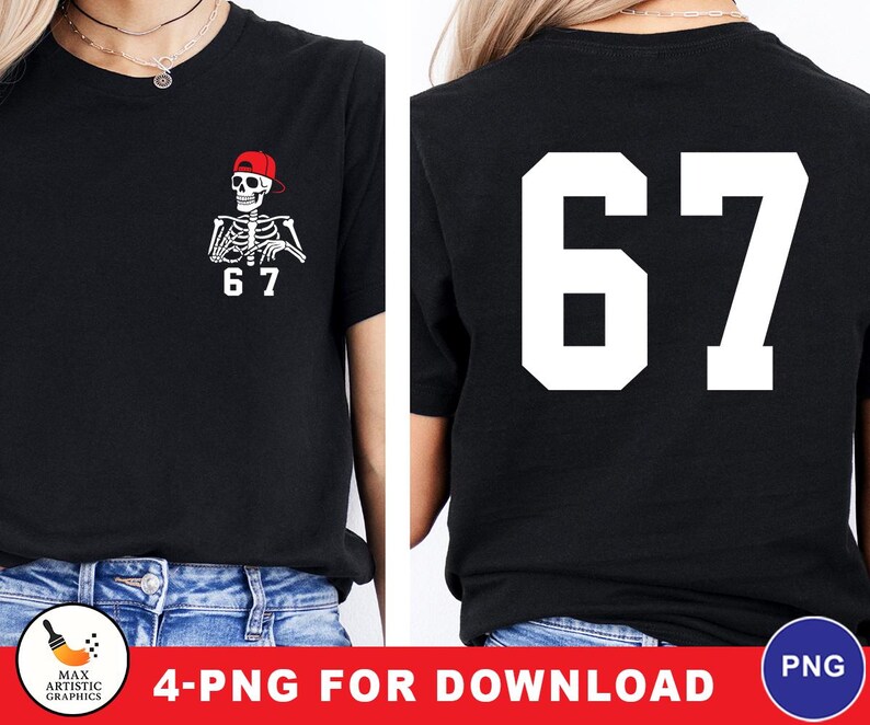 May include: Black t-shirt featuring a skeleton wearing a red cap and the number 67. The back of the shirt displays the number 67 in large white block letters. The shirt is a casual apparel item.