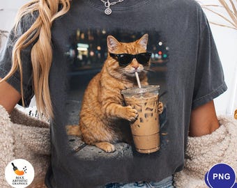 Funny Cat Coffee PNG, Animal Meme Graphic PNG, Cool Cat Sunglasses Drinking Iced Coffee, Cute Orange Cat Meme Shirt Png, Digital Download