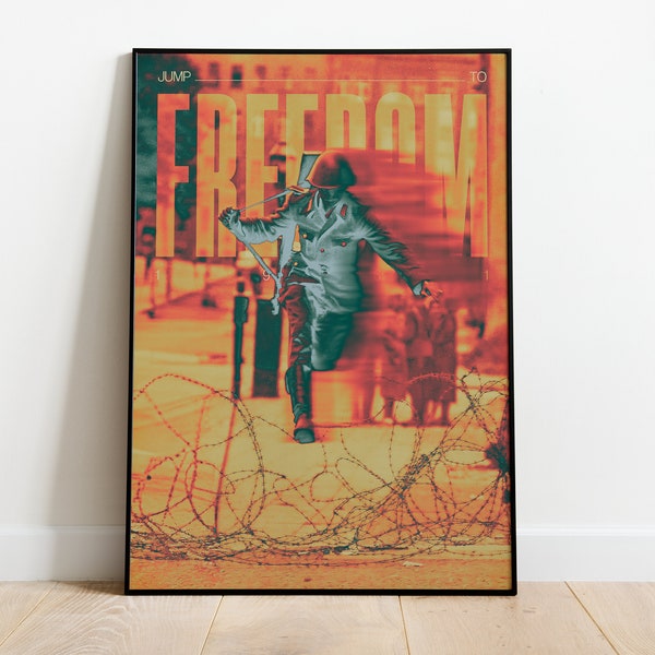 Spring naar vrijheid/Spring naar vrijheid Poster l Digitale kunst l Koude Oorlog l 1961 l Downloadbare inhoud l Kamer- en kantoordecoratie l Wanddecoratie l Afdrukbaar